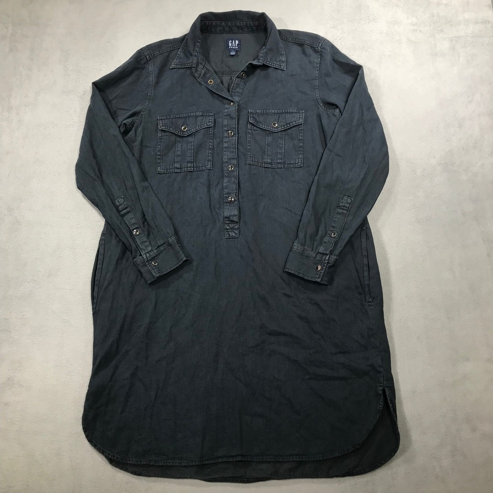 Gap Denim Shirt Dress Womens Size M Black Excellent Popover Mini Long Sleeve